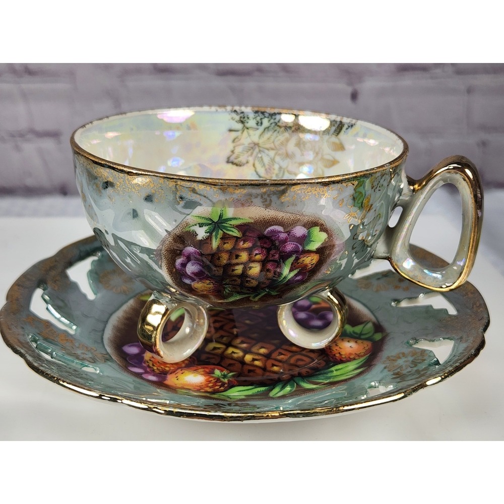 Royal Halsey Fruit Luster Green Pierced Footed Teacup & Saucer Pineapple Vintage
